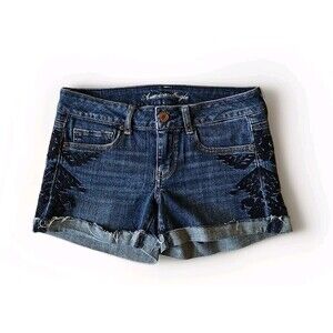 American Eagle Women’s Stretch Jean Short Shorts Raw Hem Embroidered Size 6